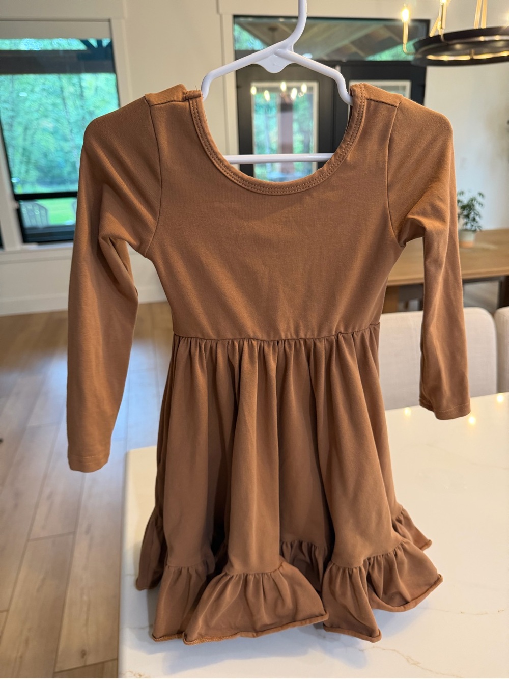 Girls Long Sleeve Ruffle Hem Dress - Brown